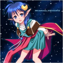 Rule 34 | 1girl, blue eyes, blue hair, cape, crescent, crescent hair ornament, hair ornament, looking at viewer, miqture, open mouth, pointy ears, red cape, rena lanford, short hair, skirt, smile, solo, space, star ocean, star ocean the second story