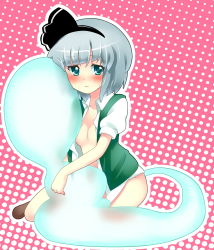Rule 34 | 1girl, absurdres, bad id, bad pixiv id, blush, bottomless, breasts, female focus, full body, ghost, green eyes, hairband, halftone, halftone background, highres, konpaku youmu, konpaku youmu (ghost), mitsuki meia, no bra, open clothes, open shirt, shirt, short hair, silver hair, solo, touhou