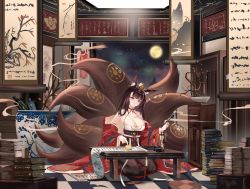 Rule 34 | &gt; &lt;, 1girl, absurdres, akagi (azur lane), akagi (dawn phoenix&#039;s summons) (azur lane), animal ear fluff, azur lane, bare shoulders, book, breasts, brown dress, brown hair, brown tail, checkered floor, chinese clothes, cleavage, dress, full moon, hanging scroll, highres, holding, holding brush, indoors, japanese clothes, kimono, kitsune, kyuubi, long hair, looking at viewer, manjuu (azur lane), moon, multiple tails, nail polish, night, night sky, official alternate costume, open clothes, open kimono, orange eyes, red kimono, red nails, sabou san-shitsu kokoro, scroll, sky, solo, tail, tail ornament
