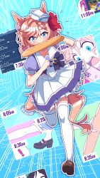 Rule 34 | !, 1girl, absurdres, alternate costume, animal ears, baguette, blue eyes, blush, bread, collarbone, commentary request, food, food in mouth, full body, highres, horse ears, horse girl, horse tail, light brown hair, scalizo, school uniform, shoes, simple background, solo, surprised, tail, thighhighs, timestamp, tracen school uniform, umamusume, venus paques (umamusume)