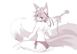 Rule 34 | 1girl, :p, ahoge, animal ears, ass, back, commentary, english commentary, food, fox ears, from behind, greyscale, hair ribbon, highres, huge weapon, long tail, looking at viewer, looking back, momo (sub-res), monochrome, original, panties, ribbon, scar, sharp teeth, short hair, shoulder blades, side-tie panties, sitting, smile, solo, sub-res, sword, tail, teeth, tongue, tongue out, topless, underwear, underwear only, weapon