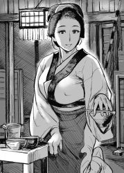 Rule 34 | 1girl, black hair, bowl, breasts, chopsticks, clothes grab, clothes pull, greyscale, hair ornament, highres, holding, ichiren takushou, japanese clothes, kimono, kneeling, large breasts, long hair, long sleeves, looking at viewer, mole, mole under mouth, monochrome, open mouth, original, smile, solo