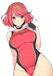 Rule 34 | 1girl, arm behind back, black one-piece swimsuit, blush, breasts, competition swimsuit, fingerless gloves, gloves, halcon, highres, large breasts, looking at viewer, nintendo, one-piece swimsuit, pyra (xenoblade), red eyes, red hair, red one-piece swimsuit, short hair, simple background, smile, solo, swimsuit, thighs, white background, xenoblade chronicles (series), xenoblade chronicles 2
