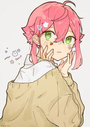 Rule 34 | 1boy, absurdres, ahoge, androgynous, brown sweater, collared shirt, ensemble stars!, green eyes, hair ornament, hairclip, highres, himemiya tori, long sleeves, looking at viewer, male focus, open mouth, pink hair, shirt, short hair, solo, sticker on face, sweater, teeth, white background, white shirt, yamanaka hituzi