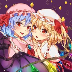 Rule 34 | 2girls, ascot, bat wings, blonde hair, blue hair, blush, crystal, fang, fangs, flandre scarlet, holding hands, hat, hat ribbon, kagami com, looking at viewer, mob cap, multiple girls, nail polish, open mouth, puffy sleeves, purple background, red eyes, remilia scarlet, ribbon, short hair, short sleeves, siblings, side ponytail, sisters, smile, touhou, wings