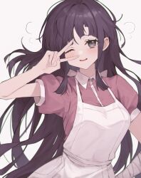 Rule 34 | 1girl, apron, bandaged arm, bandages, black hair, blush, breasts, collared shirt, danganronpa (series), danganronpa 2: goodbye despair, highres, large breasts, long hair, looking at viewer, mole, mole under eye, one eye closed, open mouth, puffy short sleeves, puffy sleeves, shirt, short sleeves, simple background, smile, solo, takasumikei, tsumiki mikan, upper body, v, white apron, white background