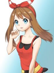 Rule 34 | 1girl, bare shoulders, blue background, blue eyes, bow, brown hair, collarbone, creatures (company), eyelashes, game freak, hair bow, looking at viewer, may (pokemon), nintendo, open mouth, pokemon, pokemon oras, red bow, red shirt, shirt, sleeveless, sleeveless shirt, solo, two-tone background, upper body, white background, yuuki510510