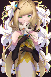 Rule 34 | 1girl, bare shoulders, blonde hair, blunt bangs, brown gloves, commentary request, creatures (company), dress, elbow gloves, flower, game freak, gloves, green eyes, hair ornament, highres, holding, holding flower, katuobushi04, leaf, long hair, looking at viewer, lusamine (pokemon), lusamine (sygna suit) (pokemon), nintendo, official alternate costume, pokemon, pokemon masters ex, signature, solo, white flower, yellow dress