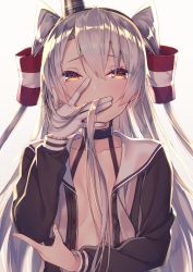 Rule 34 | 1girl, amatsukaze (kancolle), backlighting, brown dress, brown eyes, collarbone, covering own mouth, dress, flat chest, gloves, gradient background, grey background, hair between eyes, hair tubes, kantai collection, long hair, looking at viewer, no bra, open clothes, open dress, sailor dress, silver hair, single glove, solo, tahya, two side up, upper body, white gloves