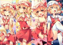 Rule 34 | 4girls, ascot, blonde hair, breasts, cleavage, closed mouth, fangs, flandre scarlet, frilled shirt collar, frills, groin, hat, kirero, legs, midriff, mob cap, multiple girls, navel, open mouth, petticoat, puffy short sleeves, puffy sleeves, red eyes, red skirt, red vest, shirt, short hair, short sleeves, side ponytail, skirt, skirt set, stomach, thighhighs, touhou, vest, white headwear, white shirt, white thighhighs, yellow ascot