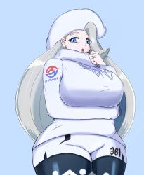 Rule 34 | 1girl, absurdres, arm under breasts, blonde hair, blue eyes, breasts, creatures (company), curvy, earrings, fur hat, game freak, grey hair, hat, highres, jewelry, large breasts, lipstick, long hair, long sleeves, makeup, mature female, melony (pokemon), multicolored hair, nintendo, pantyhose, pantyhose under shorts, parted lips, plump, pokemon, pokemon swsh, scarf, shorts, streaked hair, sweater, thick thighs, thighs, user gphx5782, ushanka, white scarf, white sweater, wide hips
