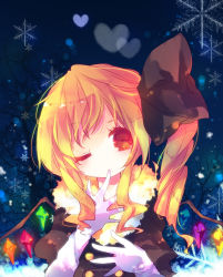 Rule 34 | 1girl, ana (rznuscrf), bad id, bad pixiv id, blonde hair, buttons, coat, female focus, finger to mouth, flandre scarlet, fur, gloves, heart, long hair, no headwear, no headwear, no nose, one eye closed, red eyes, side ponytail, sidelocks, snowflakes, solo, touhou, upper body, wavy hair, winter clothes