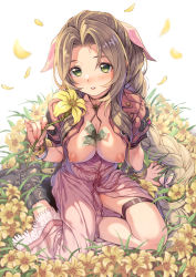 Rule 34 | 1girl, aerith gainsborough, ankle boots, arm at side, banknote, between breasts, black footwear, blush, boots, bracelet, braid, breasts, breasts out, brown hair, closed mouth, dress, final fantasy, final fantasy vii, final fantasy vii remake, fingernails, flower, forehead, full body, green eyes, holding, holding flower, jacket, jewelry, kink (tortoiseshell), large breasts, long fingernails, long hair, looking at viewer, money, nail polish, nipples, nose blush, open clothes, open jacket, pelvic curtain, petals, pink dress, pink nails, red jacket, short sleeves, sidelocks, simple background, single braid, sitting, smile, solo, square enix, thigh strap, unzipped, very long hair, white background, yellow flower