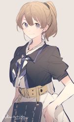 Rule 34 | 1girl, bad id, bad twitter id, black shirt, blue eyes, breasts, brown hair, cowboy shot, dated, grey background, highres, intrepid (kancolle), kantai collection, large breasts, miniskirt, multicolored neckwear, ponko (damachida), ponytail, shirt, short hair, signature, simple background, skirt, solo, white skirt