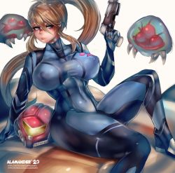 Rule 34 | 1girl, alamander, alien, ass, blonde hair, blue eyes, breasts, covered erect nipples, formal, gun, helmet, highres, large breasts, looking at viewer, metroid, metroid (creature), mole, mole under mouth, nintendo, ponytail, samus aran, serious, sitting, spread legs, suit, symbol, thick thighs, thighs, weapon, zero suit