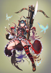 Rule 34 | 1girl, absurdres, animal ears, argyle, argyle clothes, argyle legwear, arrow (projectile), asymmetrical gloves, bayonet, belt, black panties, blue flower, blue hair, blue spider lily, boots, bow (weapon), breasts, brown footwear, chiwa (tsugumisky), crossbow, elbow gloves, fingerless gloves, floral background, flower, full body, gloves, gluteal fold, heart, high heels, highres, holding, hood, leg up, medium breasts, mismatched gloves, original, panties, parted lips, puffy short sleeves, puffy sleeves, scope, sharp teeth, short sleeves, single thighhigh, spider lily, spread legs, squinting, teeth, thigh strap, thighhighs, underwear, weapon, yellow eyes