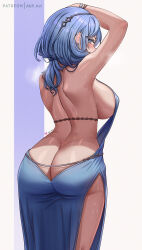 Rule 34 | 1girl, abpart, absurdres, ako (blue archive), ako (dress) (blue archive), arm up, ass, back, backless dress, backless outfit, bare arms, bare shoulders, blue archive, blue background, blue dress, blue eyes, blue hair, blush, bracelet, breasts, butt crack, commentary, covered mouth, cowboy shot, dress, earrings, english commentary, from behind, hair ornament, highres, jewelry, large breasts, long hair, looking at viewer, median furrow, no halo, no panties, official alternate costume, patreon username, shoulder blades, side slit, sideboob, sideless dress, sleeveless, sleeveless dress, solo, standing, steaming body, sweat, two-tone background, white background