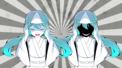 Rule 34 | 2girls, absurdres, aqua hair, black skin, colored sclera, colored skin, ghost, grey sclera, hatsune miku, highres, japanese clothes, kimono, long hair, looking at viewer, low twintails, multiple girls, multiple persona, obake no ukenerai (vocaloid), obi, open mouth, pink eyes, pinocchio-p, sash, skirt, twintails, very long hair, vocaloid, white kimono, white skirt