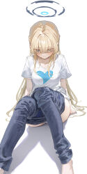 Rule 34 | 1girl, absurdres, ass, black pants, blonde hair, blue archive, blue eyes, blue halo, blush, breasts, closed mouth, halo, heart, hidulume, highres, long hair, medium breasts, panties, pants, shirt, short sleeves, signature, simple background, sitting, solo, toki (blue archive), underwear, white background, white panties, white shirt