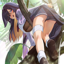 Rule 34 | 1girl, absurdres, ass, bandages, black footwear, black hair, blonde hair, blue archive, blue shorts, breasts, cape, climbing tree, crop top, crop top overhang, crying, crying with eyes open, hair over one eye, highres, hood, hooded cape, jiki (gkdlfnzo1245), kneepits, korean commentary, large breasts, leaf, long bangs, long hair, looking at viewer, multicolored hair, open mouth, purple eyes, short shorts, shorts, socks, solo, tears, tree, tsukuyo (blue archive), two-tone hair, white socks