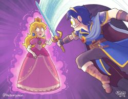 Rule 34 | 1boy, 1girl, armor, aura, blade catching, blocking, blonde hair, blue hair, brooch, cape, clenched hand, clenched teeth, crown, dress, fire emblem, fire emblem: mystery of the emblem, gloves, glowing, glowing eyes, jewelry, long hair, looking at another, mario (series), marth (fire emblem), mini crown, nintendo, photo-referenced, pink dress, princess peach, shoulder armor, smile, super smash bros., sword, teeth, thebourgyman, weapon, white gloves