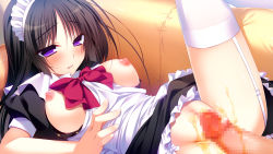 Rule 34 | 1girl, black hair, blush, breasts, censored, couch, game cg, highres, imminent penetration, imminent vaginal, kuchifusa yogiri, large breasts, leg up, long hair, lying, maid, maid headdress, mosaic censoring, nanaka mai, nipples, on back, on couch, pee, peeing, penis, pure girl, purple eyes, pussy, solo focus, thighhighs, white thighhighs