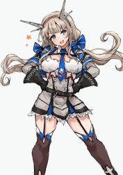 Rule 34 | 1girl, black gloves, blue bow, blue eyes, blue necktie, blush, bow, breasts, capelet, character request, dress, garter straps, gloves, grey background, hair bow, hands on own hips, headgear, highres, k jie, kantai collection, light brown hair, long hair, looking at viewer, low twintails, maryland (kancolle), necktie, open mouth, simple background, sketch, solo, star (symbol), twintails