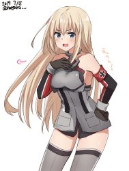 Rule 34 | 1girl, armor, bare shoulders, bismarck (kancolle), black gloves, blonde hair, blue eyes, breastplate, cowboy shot, cross, dated, detached sleeves, gloves, grey thighhighs, hand on own chest, highres, iron cross, kantai collection, leaning forward, long hair, looking at viewer, meguru (megurunn), military, military uniform, one-hour drawing challenge, simple background, smile, solo, standing, thighhighs, twitter username, uniform, white background