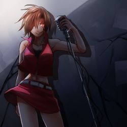 Rule 34 | 1girl, bare shoulders, belt, brown hair, collarbone, commentary, cowboy shot, crop top, d.g, glint, glowing, glowing eyes, hair over one eye, highres, holding, holding microphone, looking at viewer, meiko (vocaloid), microphone, microphone stand, midriff, miniskirt, navel, one eye covered, red eyes, red shirt, red skirt, shirt, short hair, sidelighting, skirt, sleeveless, sleeveless shirt, smile, solo, sparkle, standing, vocaloid