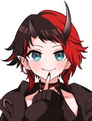 Rule 34 | 1girl, black hair, black jacket, black nails, black sports bra, blue eyes, blush, closed mouth, commentary request, demon girl, demon horns, ear chain, ear piercing, earrings, finger to own chin, horns, jacket, jewelry, kino haruc, looking at viewer, multicolored hair, nail polish, nanashi inc., open clothes, open jacket, piercing, pointy ears, red hair, red sports bra, ryugasaki rene, ryugasaki rene (1st costume), short hair, simple background, smile, solo, sports bra, sugar lyric, transparent background, two-tone hair, upper body, virtual youtuber