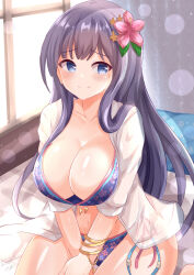 Rule 34 | 1girl, bangle, bikini, black hair, blue bikini, blue eyes, blush, bracelet, breasts, cleavage, closed mouth, collarbone, commentary request, day, flower, hair flower, hair ornament, highres, indoors, jewelry, large breasts, long hair, looking at viewer, misumi aoi, on bed, ongeki, open clothes, open shirt, pillow, pink flower, see-through, shirt, side-tie bikini bottom, smile, solo, sunlight, swimsuit, very long hair, white shirt, window, xenon (for achieve)