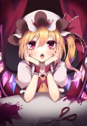 Rule 34 | 1girl, :o, ascot, blonde hair, blood, blood splatter, blush, bow, commentary request, crystal, dot nose, elbows on table, eyelashes, fang, flandre scarlet, frilled bow, frilled shirt collar, frills, glowing, glowing wings, hands on own face, hat, hat bow, hat ribbon, highres, mob cap, niningani ww, one side up, open mouth, paper, puffy short sleeves, puffy sleeves, rainbow order, red bow, red curtains, red eyes, red vest, ribbon, scissors, short hair, short hair with long locks, short sleeves, sitting, solo, table, tongue, touhou, vest, white hat, wings, wrist cuffs, yellow ascot