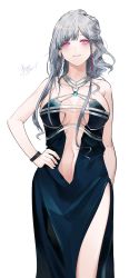 Rule 34 | 1girl, absurdres, ak-12 (girls&#039; frontline), ak-12 (quiet azure) (girls&#039; frontline), bad id, bad pixiv id, bare shoulders, blue dress, bracelet, breasts, center opening, cizzi, cleavage, collarbone, commentary, dress, earrings, girls&#039; frontline, glowing, glowing eyes, half updo, hand on own hip, highres, jewelry, large breasts, long hair, looking at viewer, navel, official alternate costume, parted lips, pink eyes, side slit, sidelocks, signature, silver hair, solo, standing, thighs