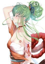 Rule 34 | 1girl, absurdres, arm tattoo, arm up, bandages, black sash, breasts, budgiepon, c.c., chest sarashi, chest tattoo, choker, cleavage, code geass, collarbone, commentary request, cosplay, from side, genshin impact, green hair, highres, japanese clothes, kimono, long hair, obi, orange kimono, parted lips, ponytail, red choker, sarashi, sash, short sleeves, single bare shoulder, small breasts, solo, tattoo, upper body, yellow eyes, yoimiya (genshin impact), yoimiya (genshin impact) (cosplay)