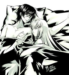 Rule 34 | 00s, 1boy, 1girl, afterglow, armpits, bed, c.c., code geass, couple, creayus, closed eyes, holding hands, hetero, lelouch vi britannia, long hair, lying, monochrome, on back, on side, pillow, short hair, sleeping, yellow theme