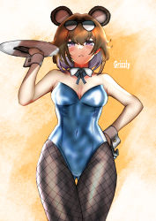 Rule 34 | 1girl, absurdres, animal ears, bear ears, blue leotard, blush, breasts, brown hair, character name, covered navel, detached collar, eyewear on head, fishnets, frown, girls&#039; frontline, gloves, gluteal fold, grizzly mkv (girls&#039; frontline), hair between eyes, half gloves, hand on own hip, highres, leotard, looking at viewer, medium breasts, medium hair, meimushi, pantyhose, playboy bunny, purple eyes, solo, thigh gap, tray, wrist cuffs