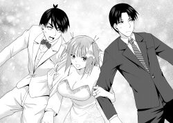 Rule 34 | 1girl, 2boys, bare shoulders, black hair, black suit, blunt bangs, bow, bowtie, breasts, butterfly hair ornament, cleavage, collar, collarbone, commentary, dress, elbow gloves, eyelashes, floral print, formal, frown, gloves, go-toubun no hanayome, hair between eyes, hair ornament, hair ribbon, happy, highres, jewelry, kosmos beta, large breasts, locked arms, long sleeves, looking at another, looking at viewer, looking to the side, medium hair, monochrome, multiple boys, nakano maruo, nakano nino, necktie, open mouth, pants, ribbon, ring, rose print, shirt, short hair, sidelocks, simple background, smile, straight hair, striped necktie, suit, surprised, sweatdrop, teeth, two side up, uesugi fuutarou, v-shaped eyebrows, wedding, wedding dress, wedding ring, white collar, white dress, white gloves, white shirt, white suit, wide-eyed