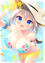 Rule 34 | 1girl, :d, animal ears, animal hat, aoi yun, arm up, bare shoulders, bikini, blue bikini, blue eyes, blush, breasts, brown hat, cleavage, collarbone, commentary request, cover, cover page, english text, fake animal ears, fang, floral print, flower, grey hair, hair between eyes, halterneck, hand on headwear, hat, hat flower, highres, large breasts, looking at viewer, open mouth, original, print bikini, short eyebrows, side-tie bikini bottom, smile, solo, string bikini, sun hat, swimsuit, tail, thick eyebrows, water, white flower