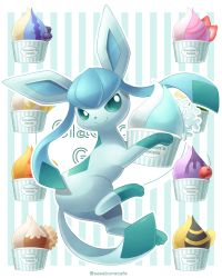 Rule 34 | closed mouth, commentary request, creatures (company), cup, full body, game freak, gen 4 pokemon, glaceon, green eyes, highres, holding, holding cup, nintendo, no humans, outline, pokemon, pokemon (creature), sasabunecafe, smile, solo, toes