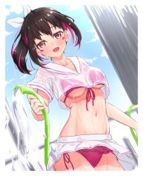 Rule 34 | 1girl, azki (hololive), bikini, bikini under clothes, breasts, brown eyes, brown hair, cowboy shot, crop top, frilled bikini, frills, groin, highres, holding, holding hose, hololive, hose, loeldrive, looking at viewer, medium breasts, midriff, miniskirt, multicolored hair, navel, open mouth, outdoors, pink bikini, pink hair, ponytail, railing, see-through, see-through shirt, shirt, short hair, side-tie bikini bottom, skirt, smile, solo, sparkle, standing, string bikini, swimsuit, two-tone hair, virtual youtuber, water, wet, wet clothes, wet shirt, white skirt