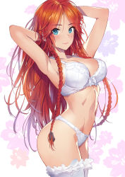 Rule 34 | 1girl, arched back, armpits, arms behind head, arms up, blue eyes, blush, bra, braid, breasts, cleavage, closed mouth, cowboy shot, hair ribbon, highres, hong meiling, large breasts, lingerie, long hair, looking at viewer, matsuda (matsukichi), orange eyes, panties, red hair, ribbon, smile, solo, stomach, thighhighs, touhou, tress ribbon, twin braids, underwear, underwear only, very long hair, white bra, white panties, white thighhighs