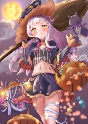 Rule 34 | 1girl, absurdres, arched bangs, black gloves, black headwear, blush, breasts, broom, candy, capelet, food, gloves, grey hair, grey shirt, hair bun, halloween, halloween bucket, hat, highres, holding, holding broom, hololive, long hair, looking at viewer, murasaki shion, murasaki shion (1st costume), ponzakuro0116, purple capelet, purple skirt, shiokko (murasaki shion), shirt, sidelocks, single hair bun, skirt, small breasts, smile, striped clothes, striped shirt, vertical-striped clothes, vertical-striped shirt, virtual youtuber, witch hat, yellow eyes