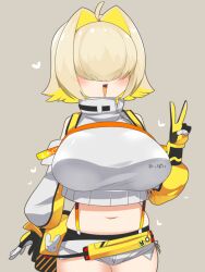 Rule 34 | 1girl, ahoge, black gloves, blonde hair, blush, breasts, clothing cutout, commentary request, cowboy shot, crop top, curvy, elegg (nikke), fang, gloves, goddess of victory: nikke, grey background, grey sweater, hair between eyes, hair intakes, hair over eyes, heart, highres, huge breasts, large breasts, lets0020, long bangs, midriff, multicolored hair, navel, open mouth, short hair, short shorts, shorts, shoulder cutout, simple background, smile, solo, suspenders, sweater, two-tone gloves, two-tone hair, v, white shorts, yellow gloves