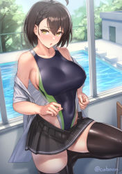 Rule 34 | 1girl, azur lane, baltimore (azur lane), bare shoulders, black thighhighs, blouse, breasts, brown hair, clothes pull, competition swimsuit, cuboon, hair between eyes, highleg, highleg swimsuit, knee up, large breasts, looking at viewer, one-piece swimsuit, open clothes, open shirt, partially undressed, pool, shirt, short hair, skindentation, skirt, skirt pull, solo, sweat, swimsuit, swimsuit under clothes, thick thighs, thighhighs, thighs, wet, white shirt, yellow eyes