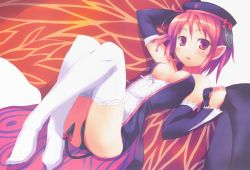 Rule 34 | 1girl, absurdres, arm behind head, arm up, breasts, breasts out, demon tail, detached sleeves, disgaea, girl&#039;s avenue, hat, highres, legs, looking at viewer, lying, medium breasts, nanakusa, pinup (style), pointy ears, solo, tail, thighhighs, white thighhighs