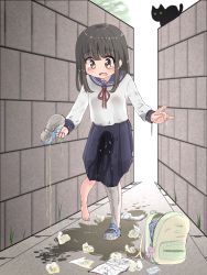 Rule 34 | 1girl, absurdres, alley, backpack, bag, black hair, blue footwear, blue skirt, blush, book, brown eyes, cat, embarrassed, female focus, flat chest, full body, green eyes, highres, holding, leg up, long hair, long sleeves, looking down, neck ribbon, open book, open mouth, original, outdoors, paper, peeing, peeing self, pleated skirt, puddle, red ribbon, ribbon, school uniform, serafuku, shirt, unworn shoe, shoes, single shoe, single thighhigh, skirt, solo, standing, standing on one leg, tawasiupa, tears, thighhighs, wet, wet clothes, white shirt, white thighhighs, zipper pull tab