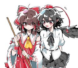 Rule 34 | 2girls, arms behind back, black hair, black neckwear, black wings, blush stickers, bow, brown eyes, brown hair, commentary request, cowboy shot, detached sleeves, feathered wings, fuume (huume0), hair bow, hair tubes, hakurei reimu, hat, highres, holding, medium hair, multiple girls, open mouth, pointy ears, pom pom (clothes), red bow, red eyes, red headwear, red skirt, shameimaru aya, shirt, short sleeves, simple background, skirt, smile, tokin hat, touhou, white background, white shirt, wide sleeves, wings, wrist cuffs, yellow neckwear