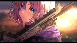 Rule 34 | 1girl, amopui, apex legends, blue eyes, blurry, blush, commentary, earrings, flower earrings, gun, highres, jewelry, kaga sumire, lens flare, letterboxed, looking at viewer, lupinus virtual games, purple hair, r-301 carbine, rifle, short hair, sidelocks, smile, solo, upper body, virtual youtuber, vspo!, weapon