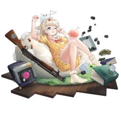 Rule 34 | 1girl, ammunition, ankle socks, arm up, bare arms, bare legs, bean bag chair, bird, blonde hair, blue eyes, board game, book, box, chilunchilun, damaged, feet, flag, full body, girls&#039; frontline, gun, hair ornament, hair scrunchie, hand up, highres, holding, lying, m1897 (forest game) (girls&#039; frontline), m1897 (girls&#039; frontline), messy, notice lines, official alternate costume, official art, on back, one eye closed, open box, open mouth, pajamas, pink bird, pump action, rug, scrunchie, short hair, short sleeves, shotgun, shotgun shell, simple background, socks, solo, sticker, tape, teardrop, third-party source, torn clothes, transparent background, unkempt, weapon, white bird, white flag, white socks, winchester model 1897, wooden floor, yellow pajamas, yellow scrunchie