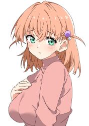 Rule 34 | 1girl, :t, aqua eyes, arm at side, breasts, crossed bangs, djpwjd1, hair ornament, hand on own chest, highres, hinoshita kaho, large breasts, light blush, link! like! love live!, long sleeves, looking at viewer, love live!, medium hair, orange hair, pink sweater, pout, raised eyebrows, side ahoge, solo, sweater, tight clothes, turtleneck, turtleneck sweater, white background